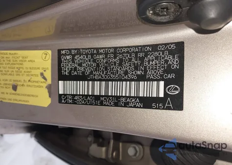 2005 Lexus Es 330 from USA, damaged, VIN JTHBA30G355104396